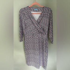 J.Mc Laughlin Lanie dres. Navy/white/red checks on V neck. 3/4 sleeve - size LG